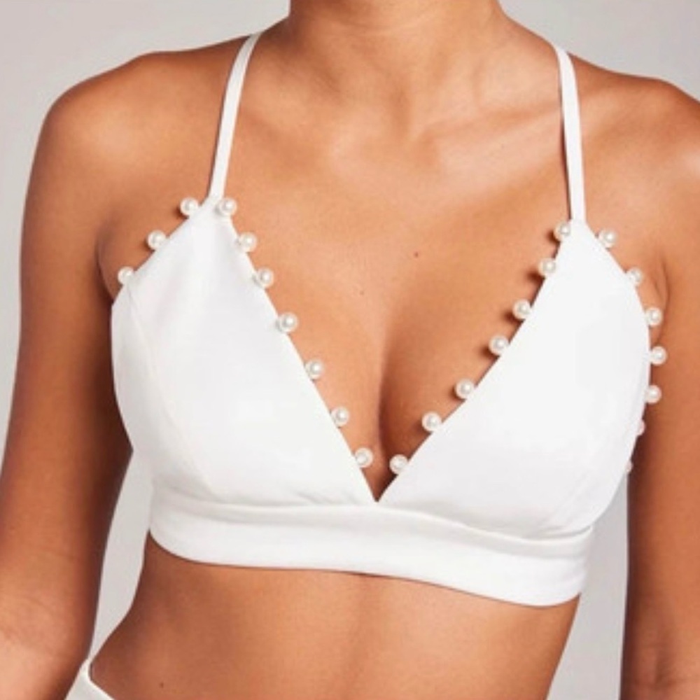 Nadine Merabi White Charlotte Embellished pearl bralette